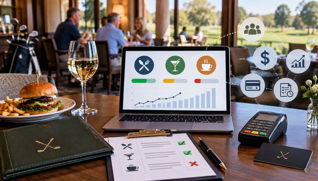 Golf club food and beverage minimum tracking dashboard with dining and payment icons