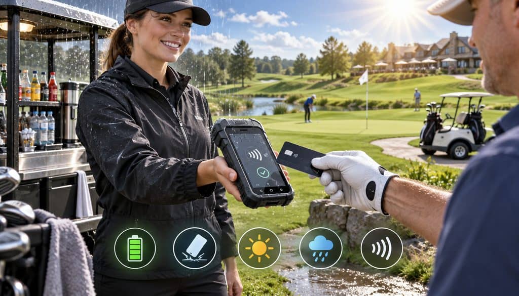 Handheld POS terminal processing a contactless payment on a golf course in sun and rain