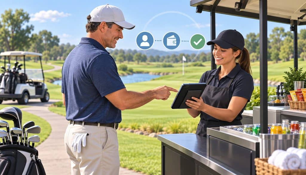 Golfer charging an on-course purchase to a member account using a handheld POS