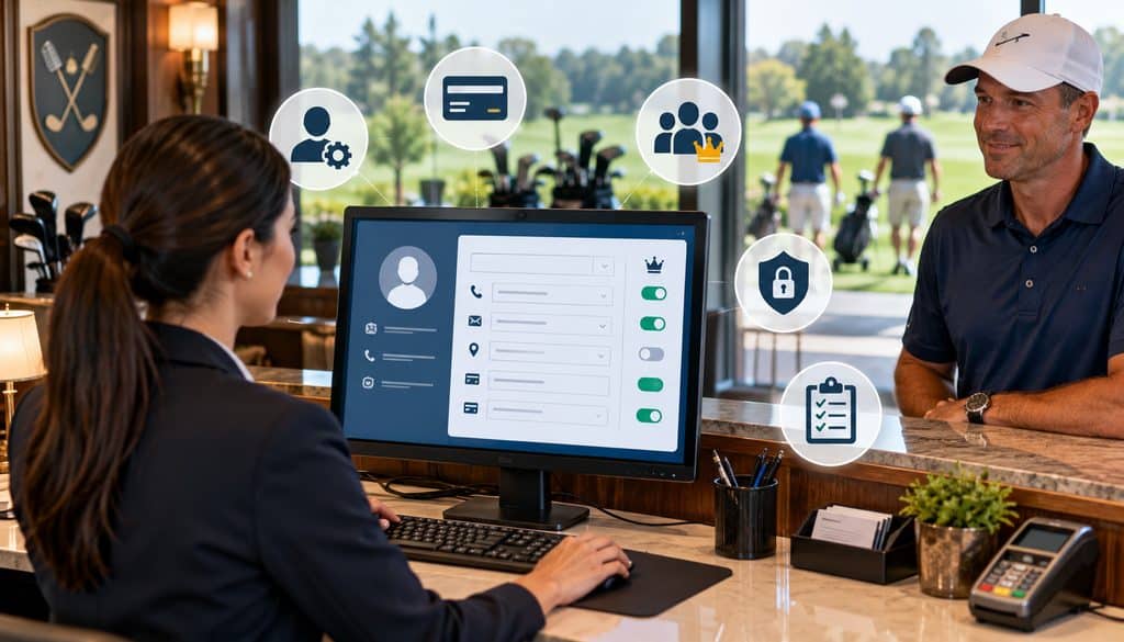 Golf club member charge account setup with payment privileges and security controls