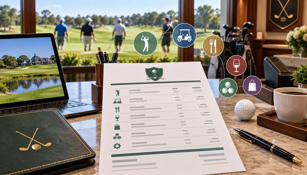 Golf club member statement with billing icons and course background