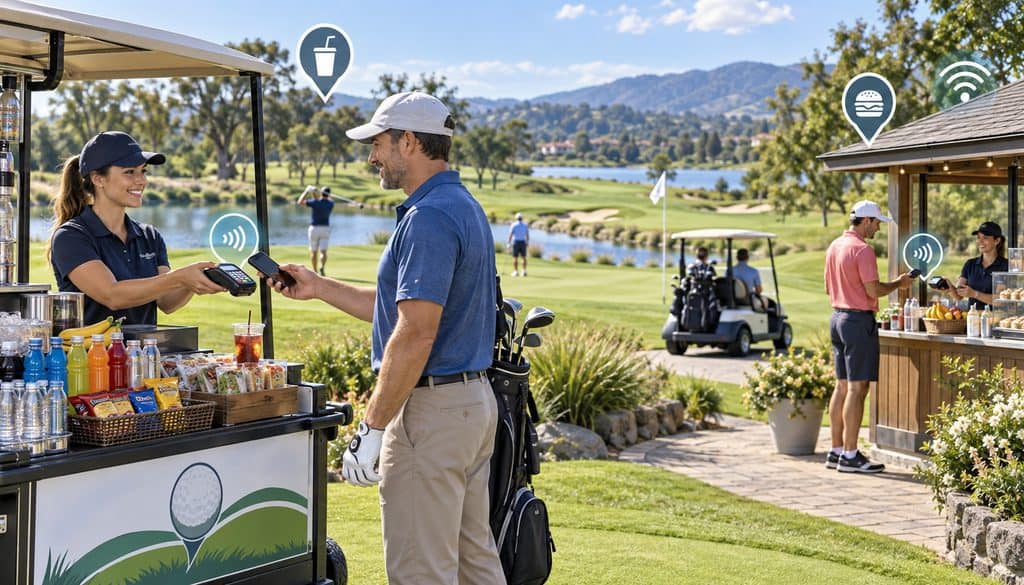 Golfer making a contactless mobile payment for food and drinks on the golf course