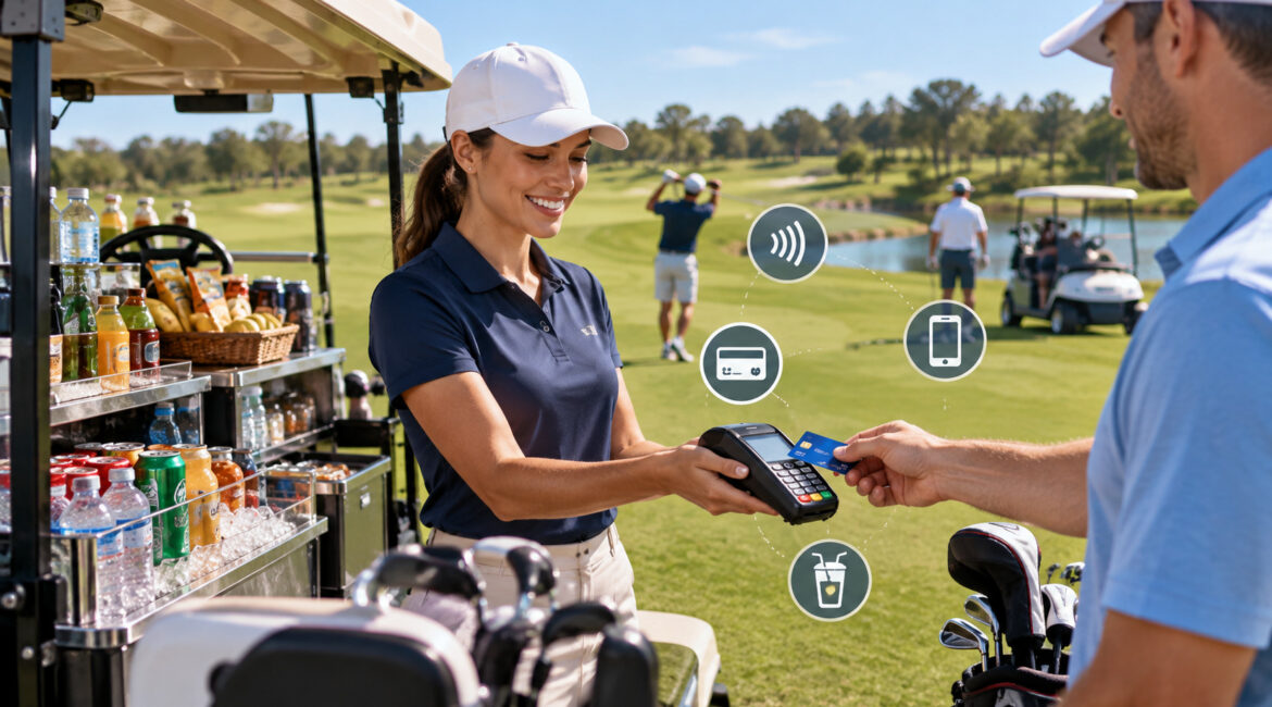 Golfer paying at a beverage cart with handheld POS